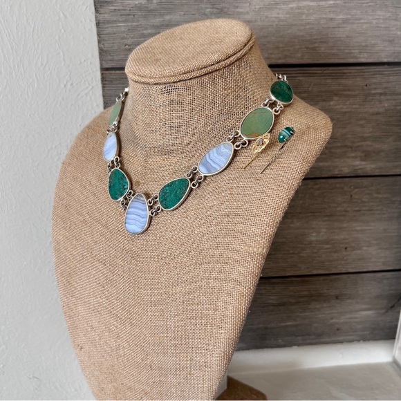 Whitney Kelly Sterling Silver 925 Blue Lace Agate and Chrysoprase Link Necklace - Picture 3 of 10